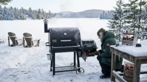 A durable 2-in-1 grill smoker combo operating efficiently in a snowy Canadian backyard setting.