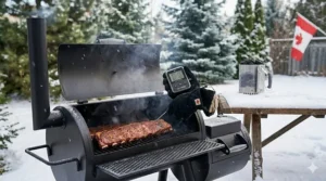 A person using essential smoker accessories to check a rack of ribs during a snowy Canadian winter.