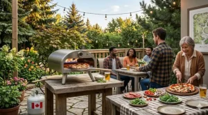 An illustration demonstrating how to use a propane pizza oven during a Canadian winter on a snowy deck.