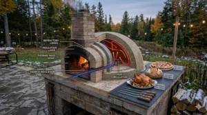 Temperature infographic for a wood fired pizza oven showing ideal zones for Neapolitan pizza, baking bread, and slow roasting.