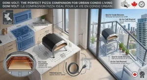 Dimension guide showing the compact, portable size of the Ooni Volt electric pizza oven for Canadian condo and apartment balconies.