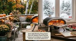 Graphic illustrating how the Ooni Volt electric pizza oven safely operates both indoors and outdoors across all Canadian seasons.