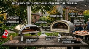An architectural illustration comparing the heat retention and insulation layers of Gozney vs Ooni pizza ovens.