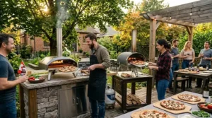 Friends hosting an outdoor pizza party in Canada using a premium backyard pizza oven.