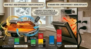 Infographic comparing the energy efficiency and heat retention of the Ooni Volt electric pizza oven.