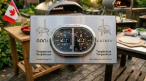 A bilingual temperature gauge showing an Ooni vs Gozney pizza oven hitting 500 degrees Celsius for authentic Neapolitan pizza.