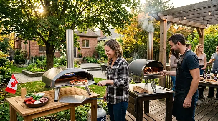 A side-by-side comparison of Ooni vs Gozney pizza ovens heating up on a backyard patio in Canada.