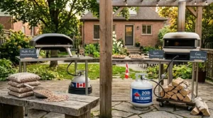 A comparison chart of wood pellets and propane gas fuel options for Ooni vs Gozney pizza ovens in Canada.