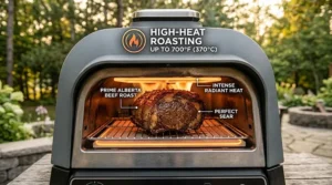 Graphic illustration of a premium Alberta beef roast cooking inside the high-heat Ninja Woodfire Outdoor Oven.