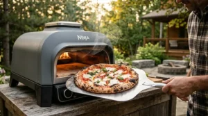 Illustration of a crispy artisan pizza being baked to perfection in the Ninja Woodfire Outdoor Oven.