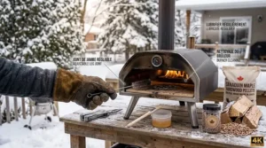Technical illustration of heat retention layers in a budget pizza oven, optimized for cold Canadian patio climates.