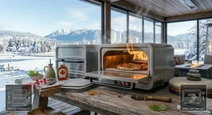 Illustration of a gourmet flatbread pizza topped with Canadian bacon, maple drizzle, and mushrooms coming out of a countertop pizza oven.