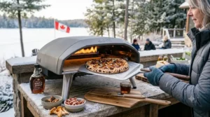 Illustration of a classic Canadian pizza with bacon and maple syrup drizzle being slid into an Ooni pizza oven.