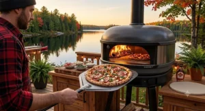 An illustration of a Canadian-inspired maple bacon pizza being baked inside a Gozney pizza oven (four à pizza Gozney).