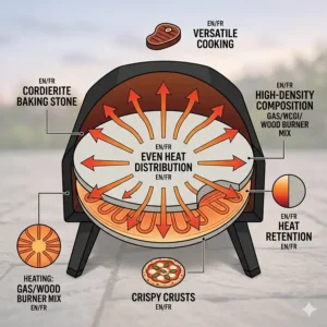 A vector diagram showing the top-down cross-section of the internal cordierite pizza stone from the DoughMaster DFO-14 dual fuel pizza oven, illustrating even heat distribution with red arrows flowing uniformly across the high-density stone surface for perfectly cooked, crispy crusts.