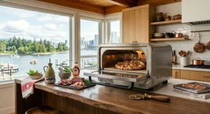 An indoor countertop pizza oven on a rustic wood counter inside a cozy Canadian lakeside cottage or chalet.
