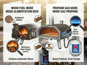 Technical infographic illustrating the mechanics of the DoughMaster DFO-14 dual fuel pizza oven, demonstrating how to switch between wood pellets and propane gas modes, set against a blurred Canadian patio background.