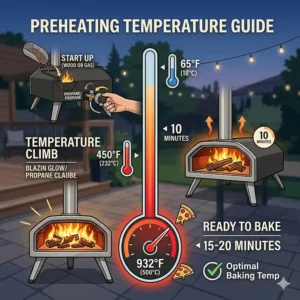A vector infographic guide showing the chronological preheating process for the DoughMaster DFO-14 dual fuel pizza oven, demonstrating the temperature climb from startup to its optimal baking temperature of 932°F (500°C) in 15-20 minutes on a Canadian patio.