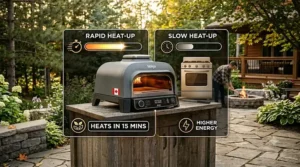 Comparative graphic showing the quick heat-up and energy efficiency of the Ninja Woodfire Outdoor Oven.