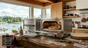 Graphic showing the compact footprint and low energy consumption of an electric countertop pizza oven versus a traditional range.