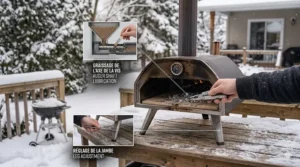 Illustrated checklist of affordable backyard cooking tools and accessories to pair with a budget pizza oven. Accessoires de four à pizza.