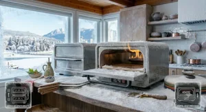 A Canadian family smiling and preparing homemade pizzas next to a glowing countertop pizza oven or four à pizza de comptoir.
