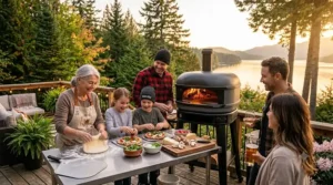 Illustration of a family hosting a backyard pizza party in Canada with a Gozney pizza oven.