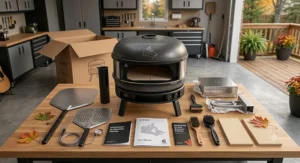 Illustration of the Gozney pizza oven components and accessories included in the Canadian retail box.