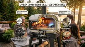 Technical illustration showing the wood and gas hybrid fuel options of a Gozney pizza oven.