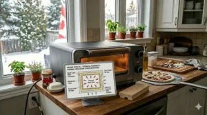 Technical illustration of a cordierite baking stone inside an indoor electric pizza oven for authentic crispy crusts.