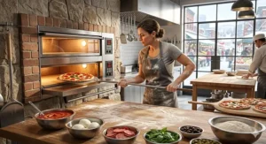 Warm illustration of a Canadian family enjoying an indoor electric pizza oven night at home during winter.