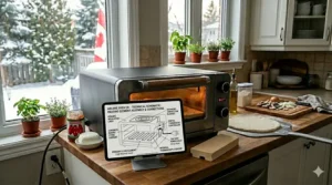 Cross-section illustration of an insulated indoor electric pizza oven showing safe, cool-to-touch exterior walls for family kitchens.