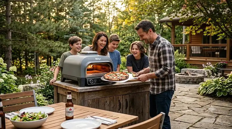 A family enjoying a summer evening on a patio in Canada, cooking a fresh pizza on the Ninja Woodfire Outdoor Oven.