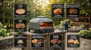 Icon illustration displaying the versatile cooking and smoking functions of the Ninja Woodfire Outdoor Oven.