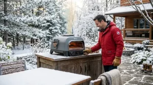 An illustration of the durable Ninja Woodfire Outdoor Oven being used on a snowy Canadian deck in winter.