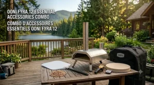 Illustration of essential Ooni Fyra 12 accessories including a pizza peel, thermometer, and weather-resistant cover.