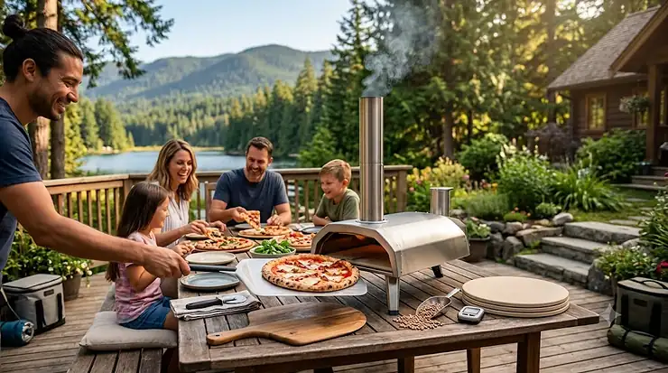 A family enjoys homemade wood-fired pizza cooked in an Ooni Fyra 12 pellet pizza oven on a lakeside deck in Ontario, Canada.