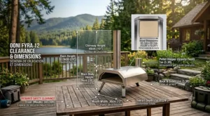 Dimension guide and patio clearance illustration for the Ooni Fyra 12 pizza oven on a standard outdoor table.