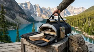 Illustration of the lightweight Ooni Fyra 12 portable pizza oven packed for a weekend camping trip in Banff, Alberta.
