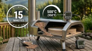 Graphic showing the Ooni Fyra 12 reaching 500 degrees Celsius in 15 minutes for authentic Neapolitan pizza.