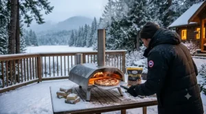 Illustration of the Ooni Fyra 12 wood pellet oven baking a pizza outdoors during a snowy Canadian winter.