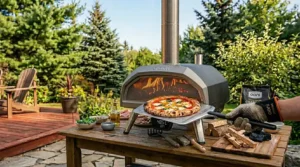 A gourmet Canadian-style pizza topped with maple-cured bacon and mushrooms being removed from the Ooni Karu 16 with a pizza peel.