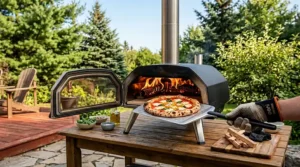 An Ooni Karu 16 portable pizza oven set up on a wooden deck overlooking a scenic Canadian lake at twilight.