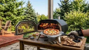 Looking through the clear glass door of an Ooni Karu 16 pizza oven while a pizza bakes under high heat.