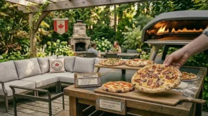 An illustration of a gourmet pizza topped with local Canadian ingredients like maple-infused bacon and artisanal cheese, sitting next to an Ooni Koda 16.