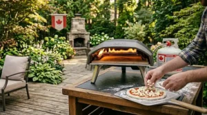 A technical illustration highlighting the powerful L-shaped flame inside the Ooni Koda 16, ensuring even heat distribution for 16-inch pizzas.