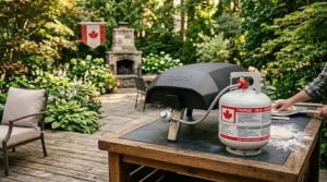 A clear diagram showing how to connect the Ooni Koda 16 gas pizza oven to a standard Canadian 20lb propane tank.