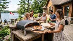 Illustration of friends enjoying homemade pizza made in an Ooni pizza oven during a cottage weekend in Muskoka, Ontario.