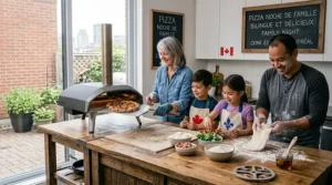 Illustration of a bilingual Canadian family in Montreal making artisan pizza together using an Ooni pizza oven.
