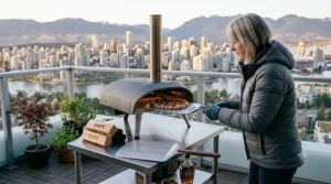 Illustration of a sleek Ooni pizza oven on a modern condo balcony with a Vancouver city skyline backdrop.